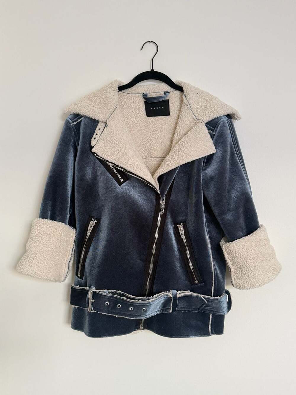 BlankNYC Velvet Sherpa Lined Motorcycle Bomber Jacket Blue Women's XS